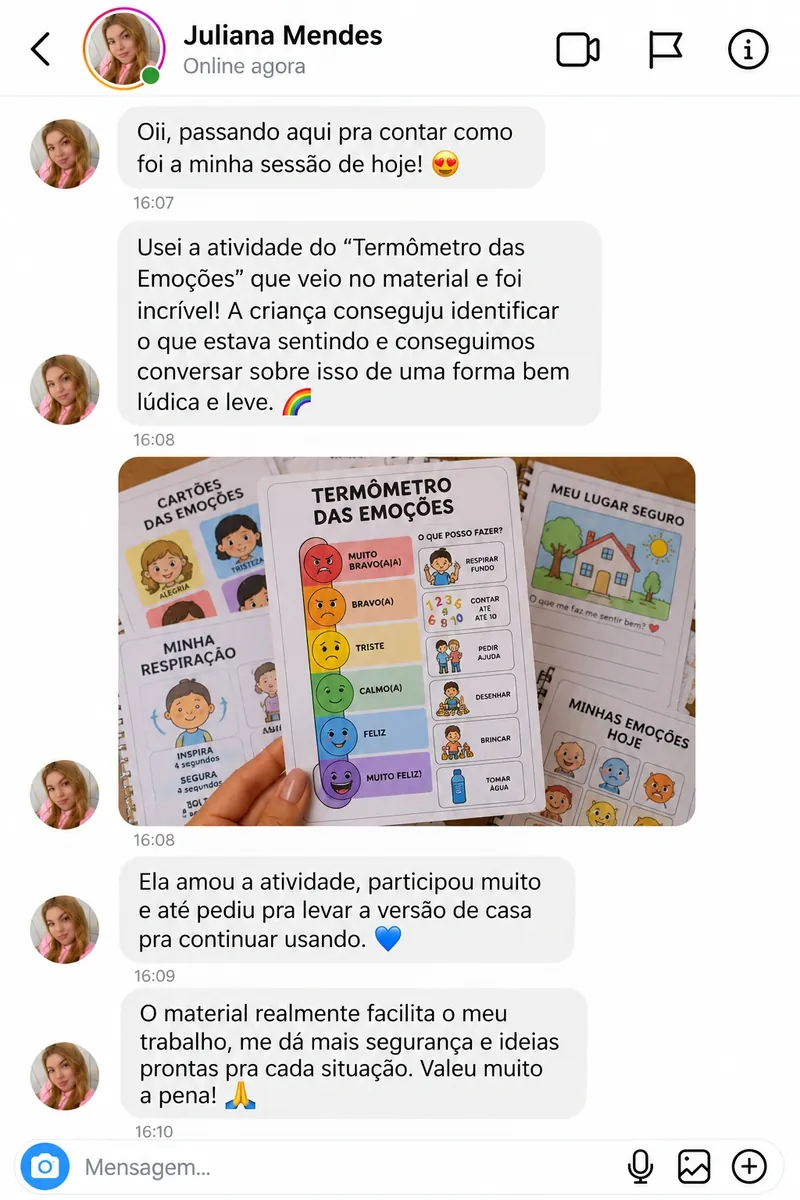 Simulação de conversa no Instagram sobre uma atividade de emoções