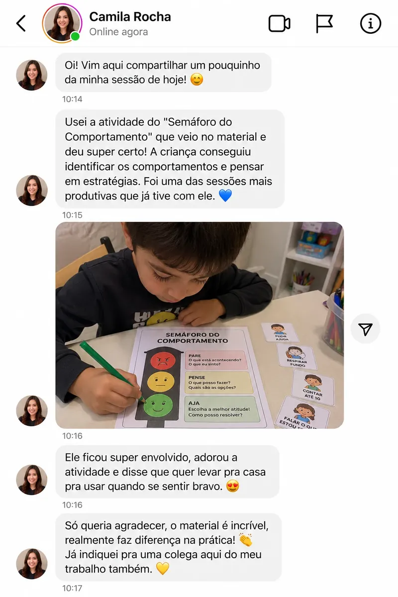 Simulação de conversa com foto ilustrativa de uma criança realizando a atividade do semáforo do comportamento